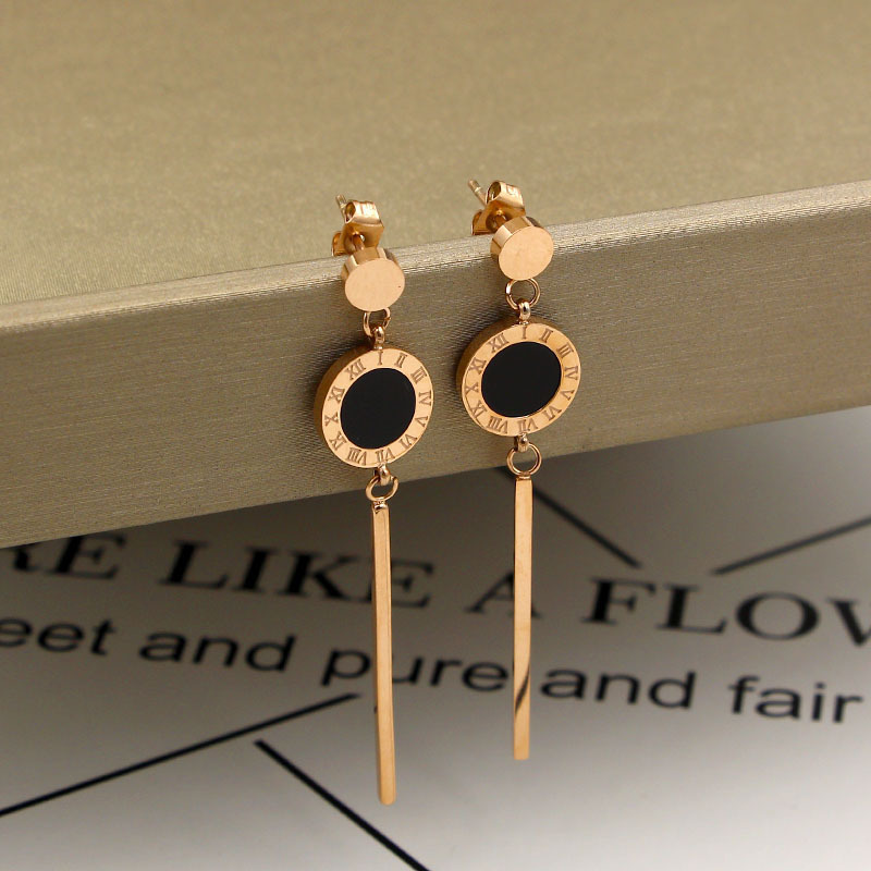 b441dcee fb79 44f9 bb57 e91ad1f4daee Fashion Small Golden Bean Hanging Roman Numeral Shell Stick Long Rose Gold Earrings