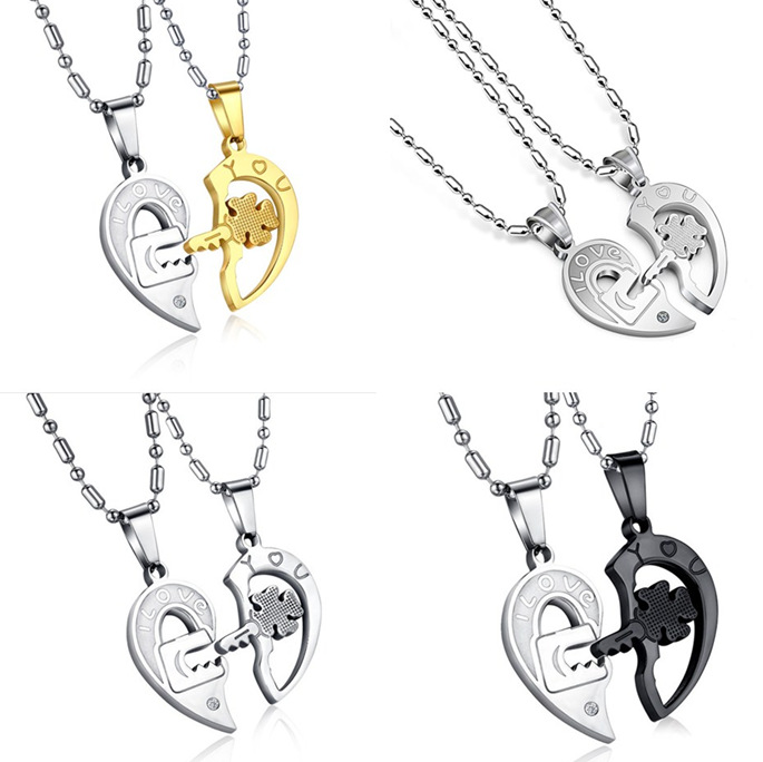 b78f3e48 0a5e 4d0d 9e86 4d80538834ea Couple Necklace Lock Pair Of Love Shaped Key Titanium Steel Pendant