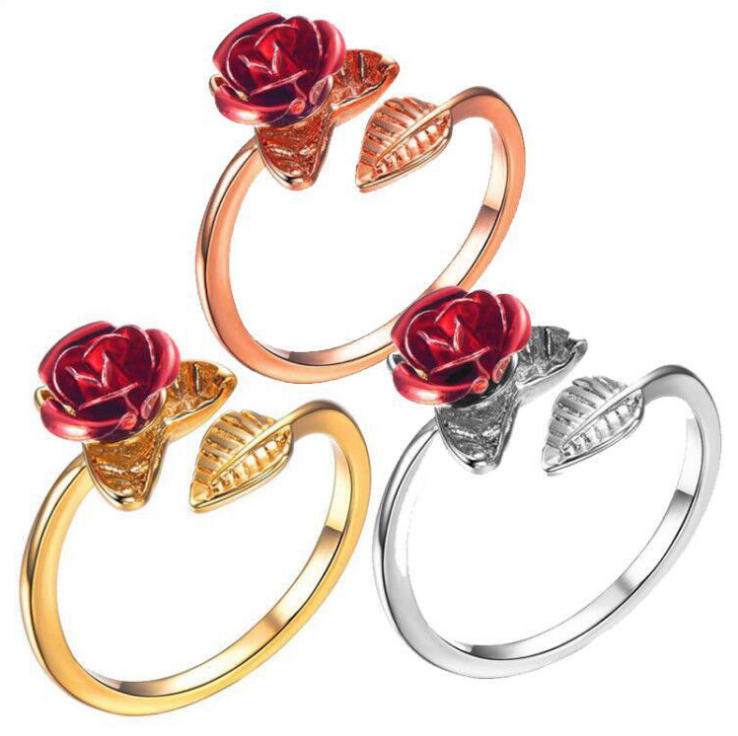 bb18c056 4481 4e32 8593 01795c0df6ca Red Rose Garden Flower Leaves Resizable Gold Finger Rings