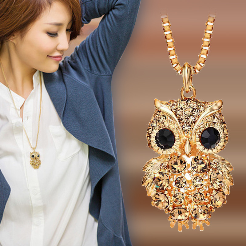 be1e0f6c d8dc 4cc8 9d0f ebecfd516ca4 Owl full diamond alloy pendant long sweater necklace