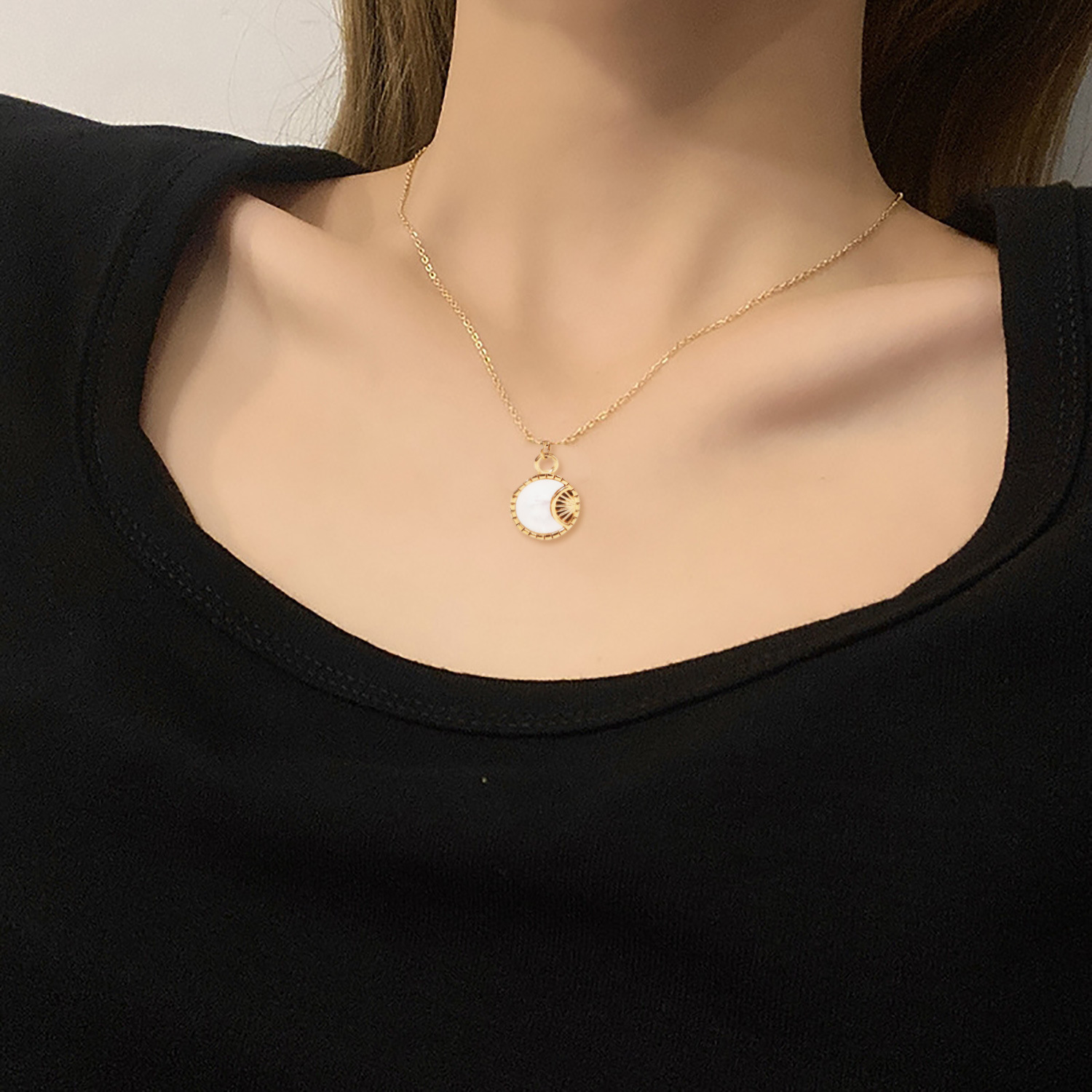 c156c27c ae18 4c21 b6de 063add93ebef Stainless Steel White Shell Moon Necklace Gold-plated Round