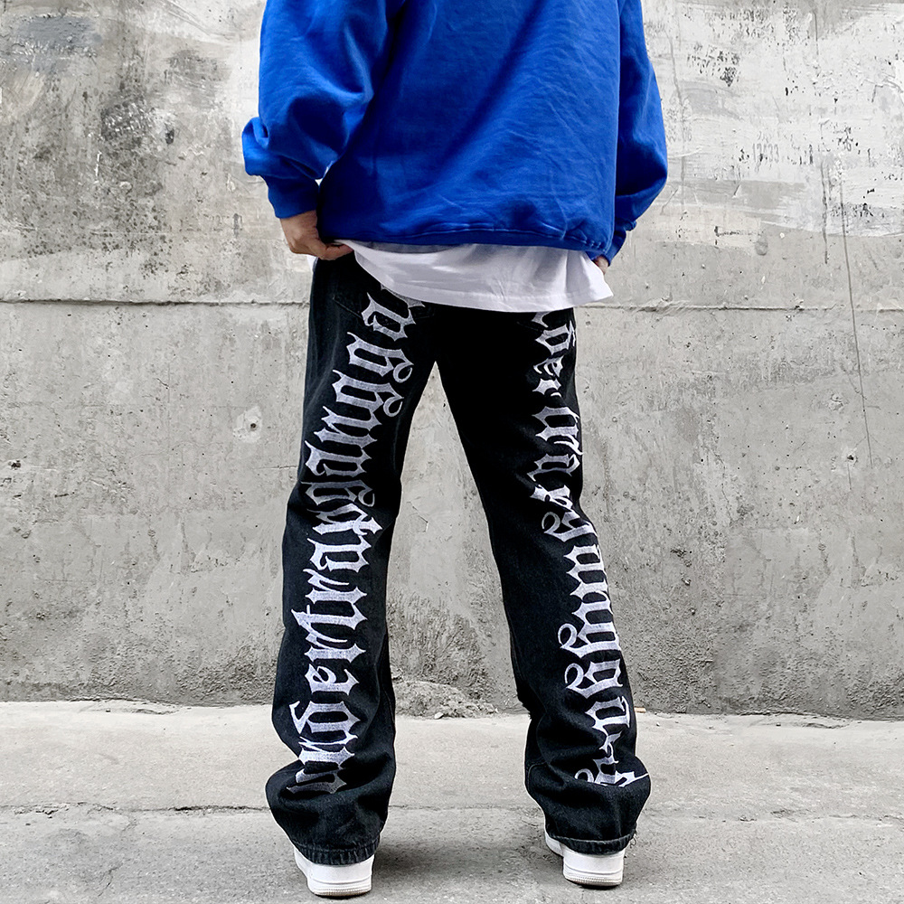Hip-Hop Trousers with Ripped Black Denim & Lettering Embroidery