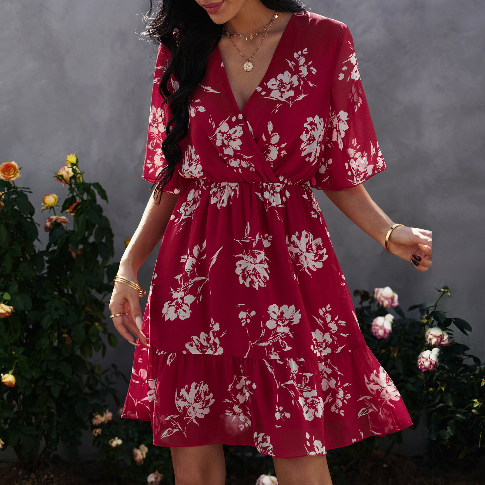 V Neck Ruffled Floral Chiffon Dress Cjdropshipping