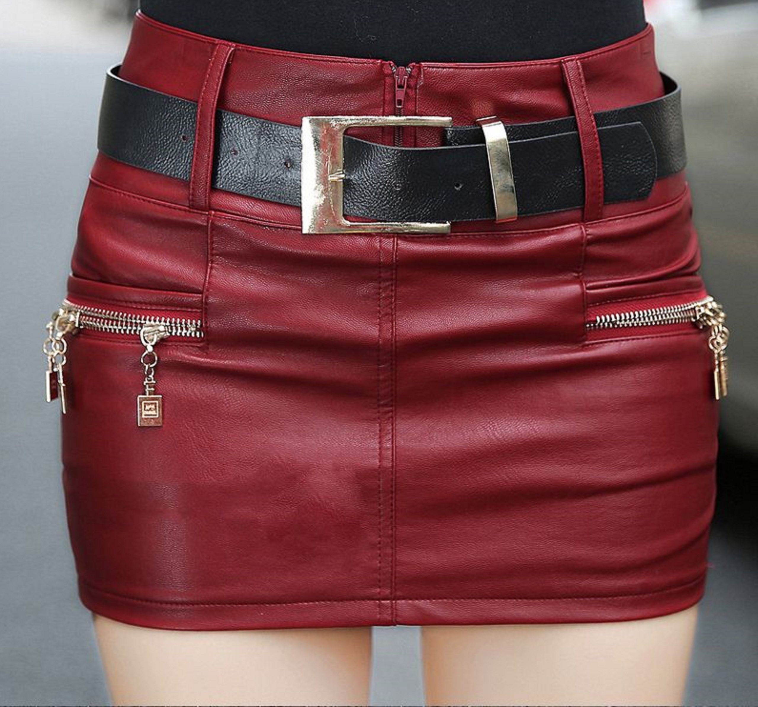 Faux Leather Mini Skirt - Vegan-Friendly Leather Belt Skirt