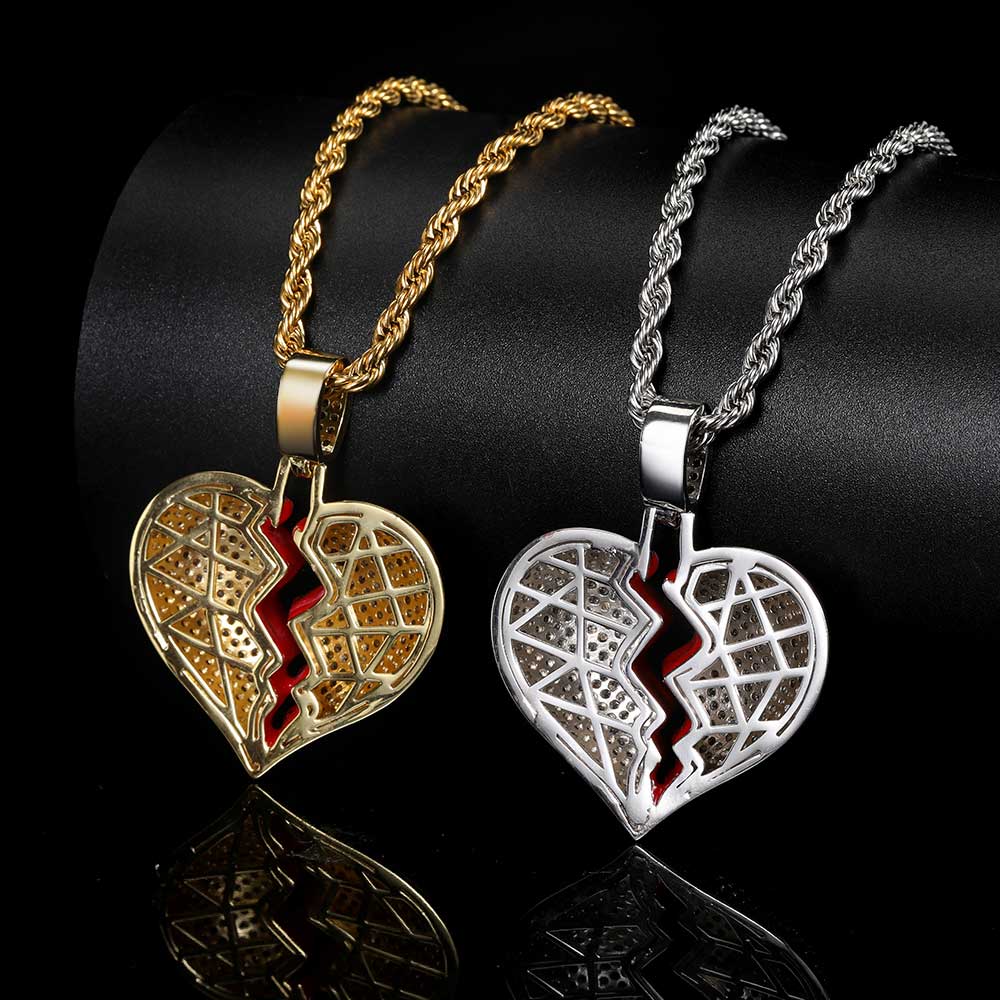 d3b67e60 7c07 4189 be03 b419561c4587 Hip Hop Copper Set Zircon Broken Heart Shape Pendant Real Gold Electroplated Couple Necklace