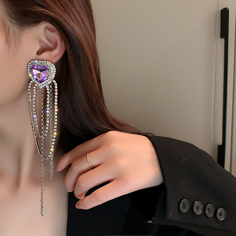 Silver Needle Inlaid Diamond Love Heart Tassel Earrings Exaggerated All-match 4 d733d178 c9e2 41f9 b420 7b0b58ef2c88 Silver Needle Inlaid Diamond Love Heart Tassel Earrings Exaggerated All-match