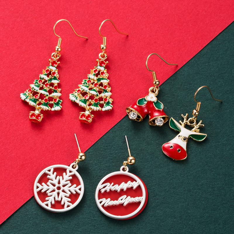 dbd5519d 7b75 49b9 9412 9ab49dd84085 European And American New Christmas Series Asymmetric Christmas Tree Snowflake Earrings
