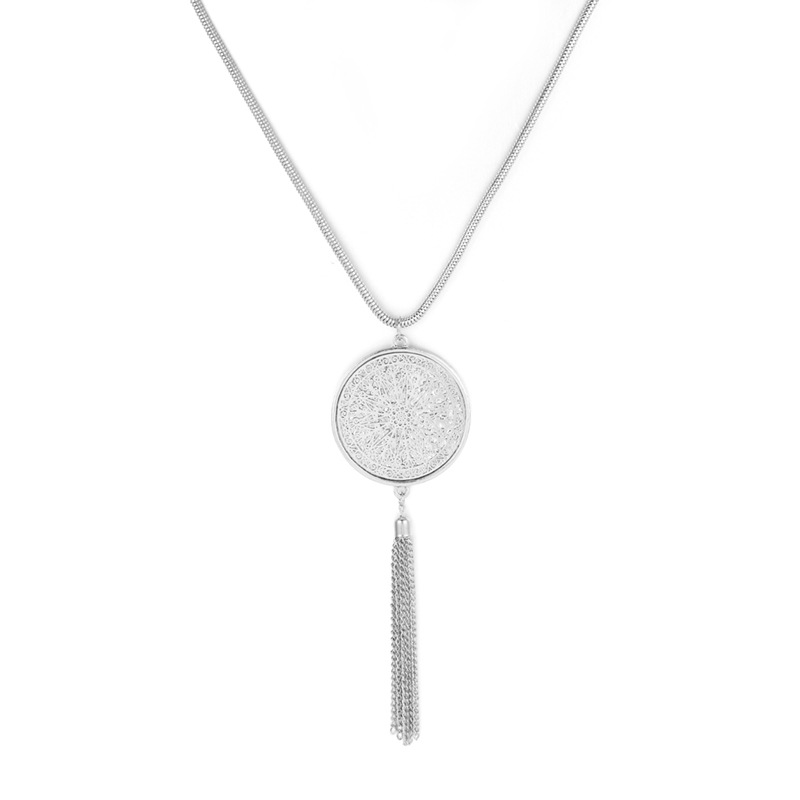 European And American Hollow Disc Pendant Tassel Long Necklace Women 6 dc6d960c e83a 49dc ae50 69e89c363789 European And American Hollow Disc Pendant Tassel Long Necklace Women