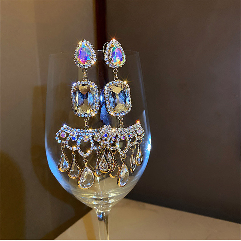 dedf52a9 6012 4f68 891b 994905801e19 Drop Shaped Crystal Full Of Diamond Temperament Long Earrings Atmospheric Earrings