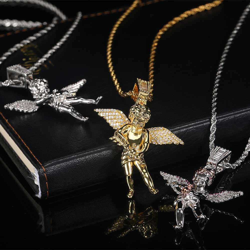 dfb72084 c509 41cc b4bb 0e08c87027a1 Hip Hop Arrow Wearing Wine Bottle Angel Pendant Real Gold Electroplated Copper Necklace