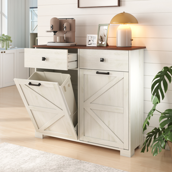 Farmhouse Double Tilt Out Trash Cabinet for 20 Gallon Trash Cans, Free Standing Recycling Cabinet with Hideaway Drawer, Barn Door Style Laundry Sorter Cabinet, Tilt Out Trash Cabinet for Kitchen-32