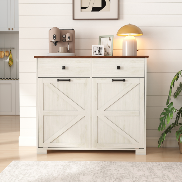 Farmhouse Double Tilt Out Trash Cabinet for 20 Gallon Trash Cans, Free Standing Recycling Cabinet with Hideaway Drawer, Barn Door Style Laundry Sorter Cabinet, Tilt Out Trash Cabinet for Kitchen-18