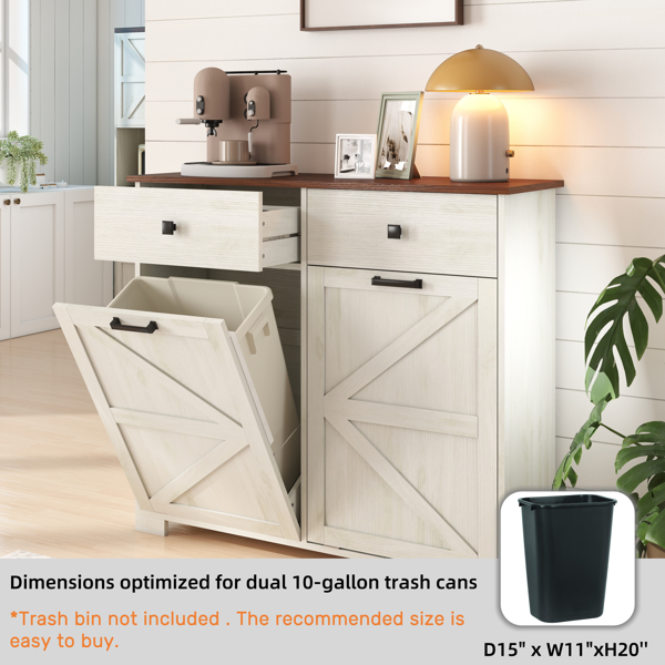 Farmhouse Double Tilt Out Trash Cabinet for 20 Gallon Trash Cans, Free Standing Recycling Cabinet with Hideaway Drawer, Barn Door Style Laundry Sorter Cabinet, Tilt Out Trash Cabinet for Kitchen-26