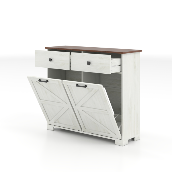 Farmhouse Double Tilt Out Trash Cabinet for 20 Gallon Trash Cans, Free Standing Recycling Cabinet with Hideaway Drawer, Barn Door Style Laundry Sorter Cabinet, Tilt Out Trash Cabinet for Kitchen-20