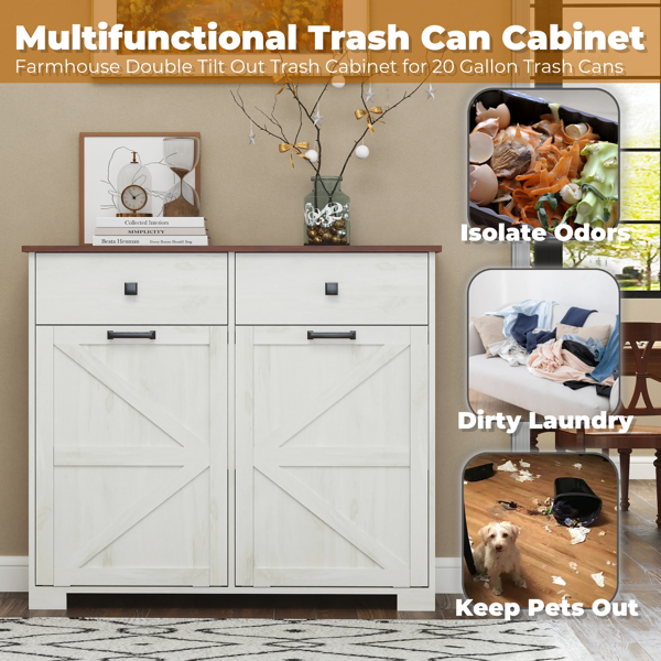 Farmhouse Double Tilt Out Trash Cabinet for 20 Gallon Trash Cans, Free Standing Recycling Cabinet with Hideaway Drawer, Barn Door Style Laundry Sorter Cabinet, Tilt Out Trash Cabinet for Kitchen-24