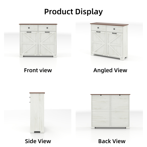 Farmhouse Double Tilt Out Trash Cabinet for 20 Gallon Trash Cans, Free Standing Recycling Cabinet with Hideaway Drawer, Barn Door Style Laundry Sorter Cabinet, Tilt Out Trash Cabinet for Kitchen-19
