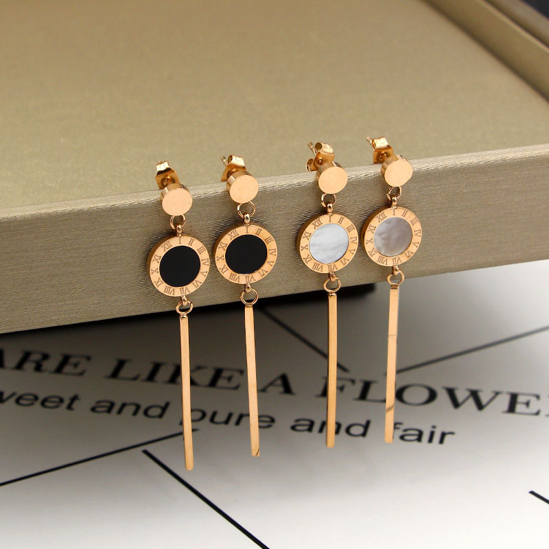 e05bdb2d 01c0 41c4 a7bb a1a16e50ae33 Fashion Small Golden Bean Hanging Roman Numeral Shell Stick Long Rose Gold Earrings