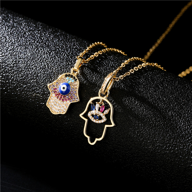 e9241d6d a091 404e 9d5e 8ef42962615a Fashion Palm Demon Eyes Drop Oil Copper Plated Real Gold Micro Inset Zircon Necklace Female