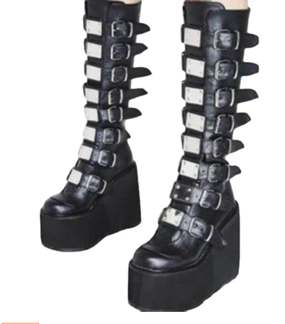 Gothic Platform Boots with Large Metal Buckle Clasps Black