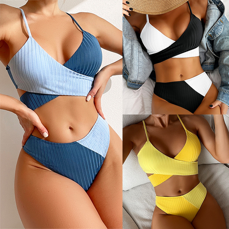 ₪62-Ruuhee High Waist Bikini Set Women Patchwork Solid Push Up Bathing Suit  Ribbed Swimwear Women Swimsuit Bikini Bikinis-Description