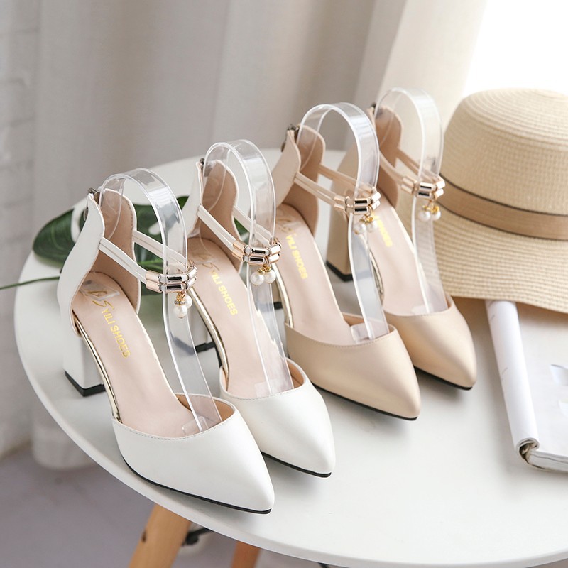 Pointed Toe High Heel Women's Fashion Shoes Korean Style Bag Toe Chunky Heel Sandals Women