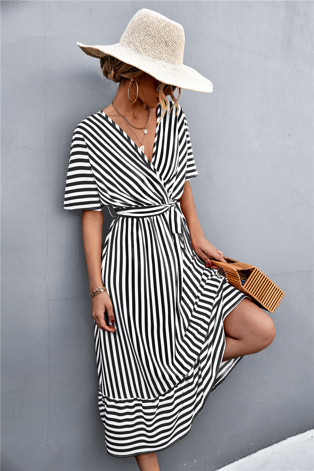 European And American Spring And Summer New Classic Hot Selling Product Cross V-neck Lace-up Striped Dress shopper-ever.myshopify.com