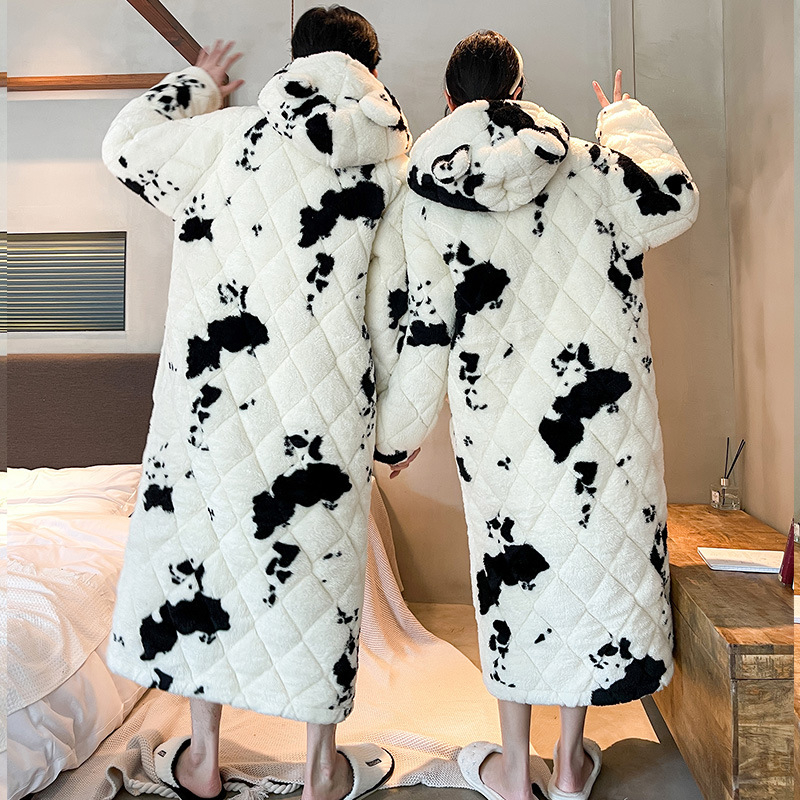 Winter Men's Quilted Cow Pajamas Thick Coral Fleece Bathrobe Homewear Nightgown