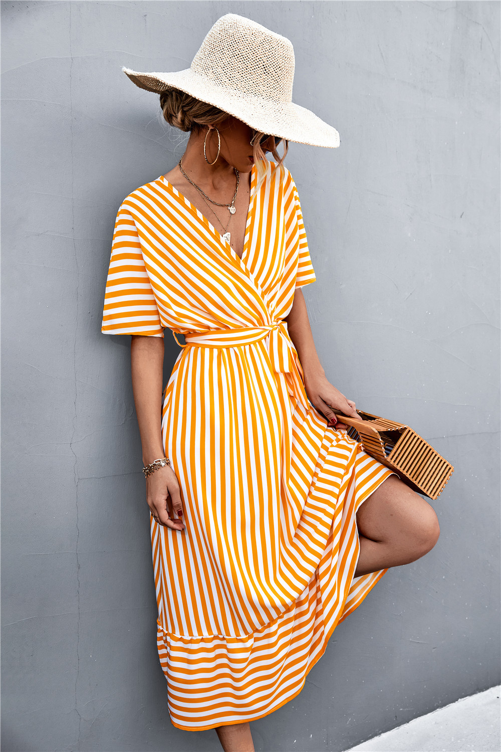 European And American Spring And Summer New Classic Hot Selling Product Cross V-neck Lace-up Striped Dress shopper-ever.myshopify.com